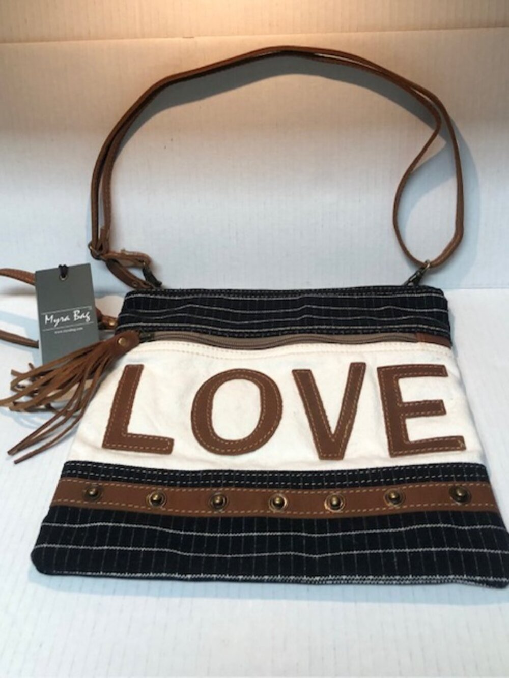 Myra canvas & studs LOVE shoulder bag NWT cotton & leather Boho